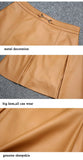 Camel Solid Pleated Elegant Leather Skirt