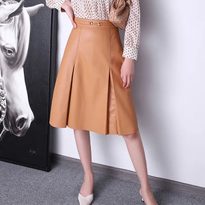 Camel Solid Pleated Elegant Leather Skirt