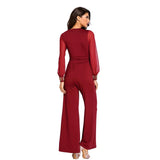 V Neck Long Sleeves Lapel Solid Jumpsuit