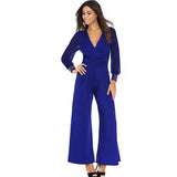 V Neck Long Sleeves Lapel Solid Jumpsuit