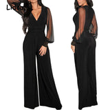 V Neck Long Sleeves Lapel Solid Jumpsuit