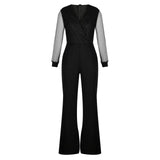 Black V-Neck Mesh Sequins Jumpsuit