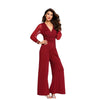 V Neck Long Sleeves Lapel Solid Jumpsuit